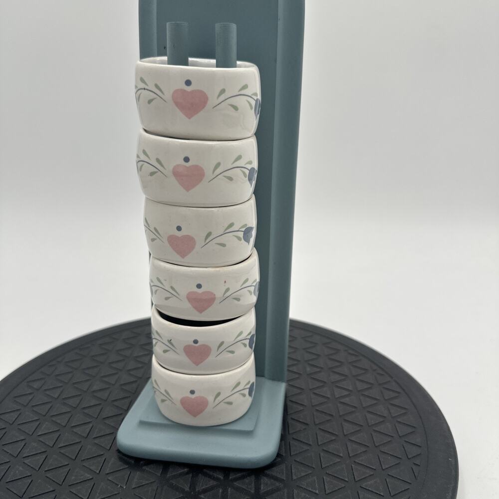 Vtg 90s Porcelain Napkin Rings Hearts Flowers With Stand Set Of 6